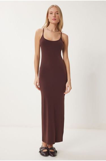 Women's Brown Strappy Saran Summer Long Knitted Dress