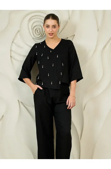 Black Embellished Top and Pants Co-ords