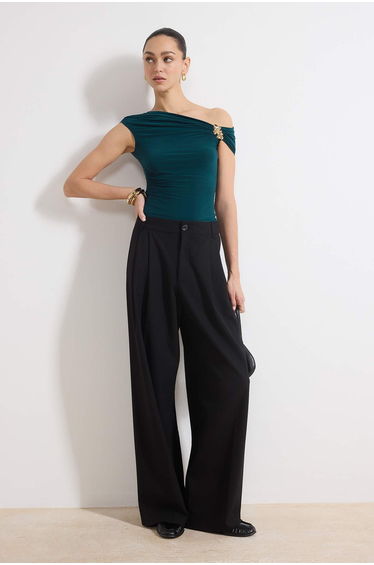 Petrol Fitted/Bodycon Asymmetric Neckline Accessory Detail Flexible Knitted Blouse