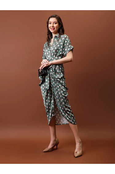 Printed Satin Shirt Midi Dress with Pleated Detail