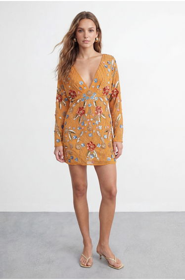 Premium Hand Embellished Plunge Mini Dress with Kimono Sleeve