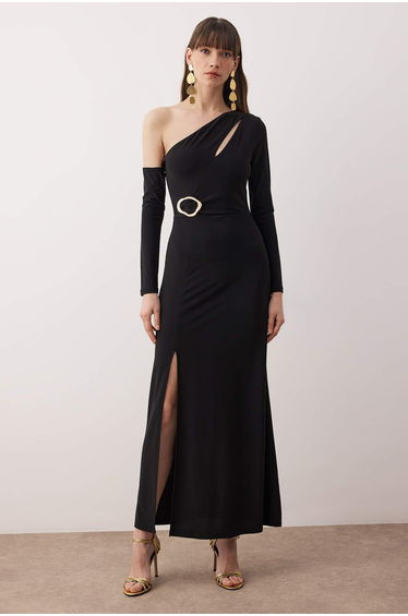 Black cut out and accessory detailed knitted maxi evening & graduation dress