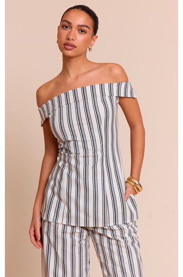 Natural Textured Stripe Fold Over Bardot Long Top