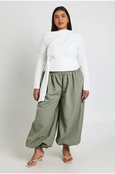 Plus Asymmetric Neck Drape Detail Long Sleeve Top - white