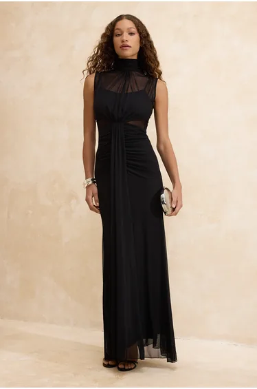 Black Knitted Tulle Lined Maxi Evening & Graduation Dress