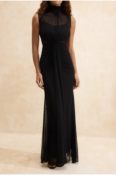 Black Knitted Tulle Lined Maxi Evening & Graduation Dress