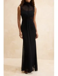 Black Knitted Tulle Lined Maxi Evening & Graduation Dress - 2