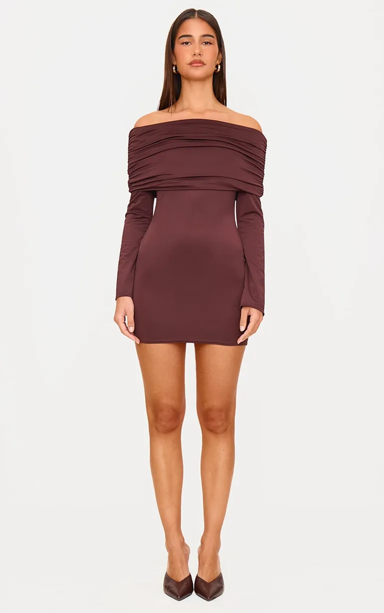 Chocolate Matte Sculpt Double Layer Foldover Bardot Long Sleeve Mini Dress  Prettylittlething Brown : Party Dresses : VogaCloset Oman