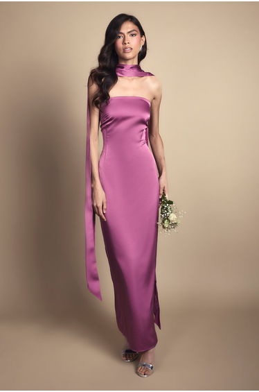 Pink Bandeau Satin Bridesmaid Maxi Dress With Scarf