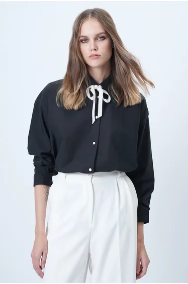 Women's Black Velvet Ribbon Detailed Contrast Buttoned Oversize Woven Shirt