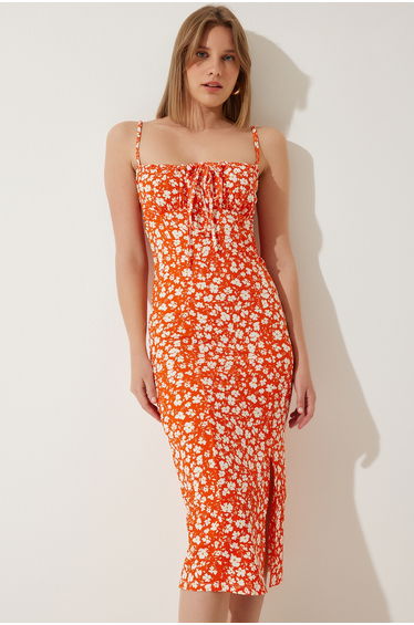 Orange Floral Bodycon Midaxi Dress