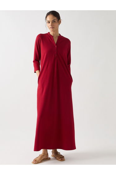 Red Cotton Knit Maxi Dress with 3/4 Sleeves