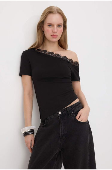 Black Fitted Carmen Collar Lace Detailed Soft Touch Knitted Blouse