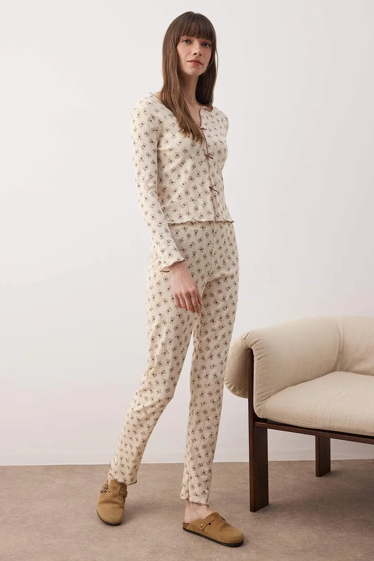 Ecru-brown 100% cotton teddy bear ribboned ribbed/pointel knitted pajama set