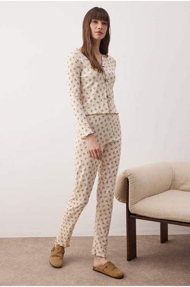 Ecru-brown 100% cotton teddy bear ribboned ribbed/pointel knitted pajama set