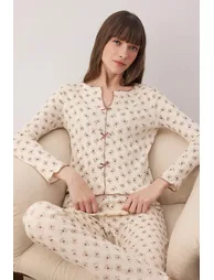 Ecru-brown 100% cotton teddy bear ribboned ribbed/pointel knitted pajama set - 1