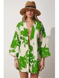 Women's Beige Green Patterned Linen Viscose Kimono - 3
