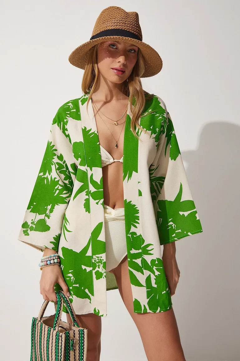 Women's Beige Green Patterned Linen Viscose Kimono - 2