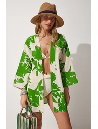 Women's Beige Green Patterned Linen Viscose Kimono - 2
