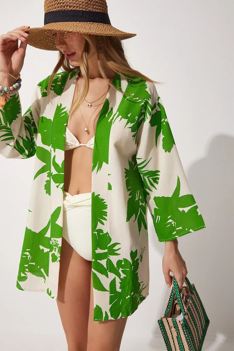 Women's Beige Green Patterned Linen Viscose Kimono