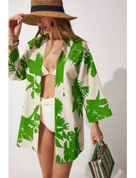 Women's Beige Green Patterned Linen Viscose Kimono