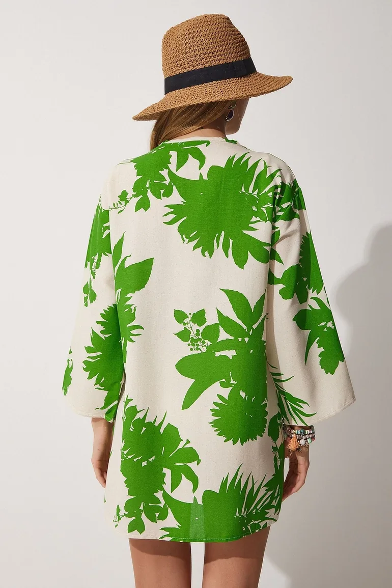 Women's Beige Green Patterned Linen Viscose Kimono - 4