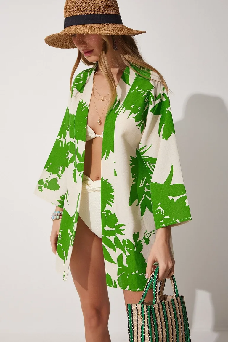 Women's Beige Green Patterned Linen Viscose Kimono - 1