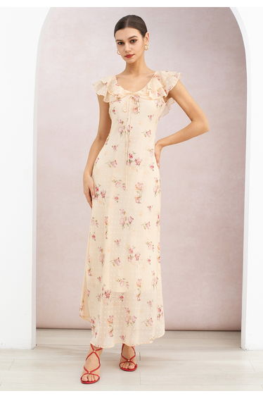 Pinky Rose Ruffle Dotted Chiffon Maxi Dress for Afternoon Tea & Sweet Getaways