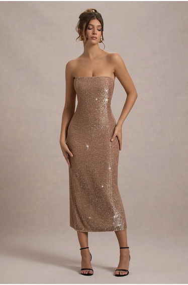 Lilabelle | Rose Gold Plisse Sequin Bandeau Midaxi Dress