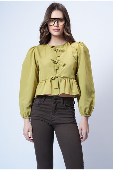 Women's Oil Green Crew Neck Bow Tie Princess Sleeve Poplin Blouse