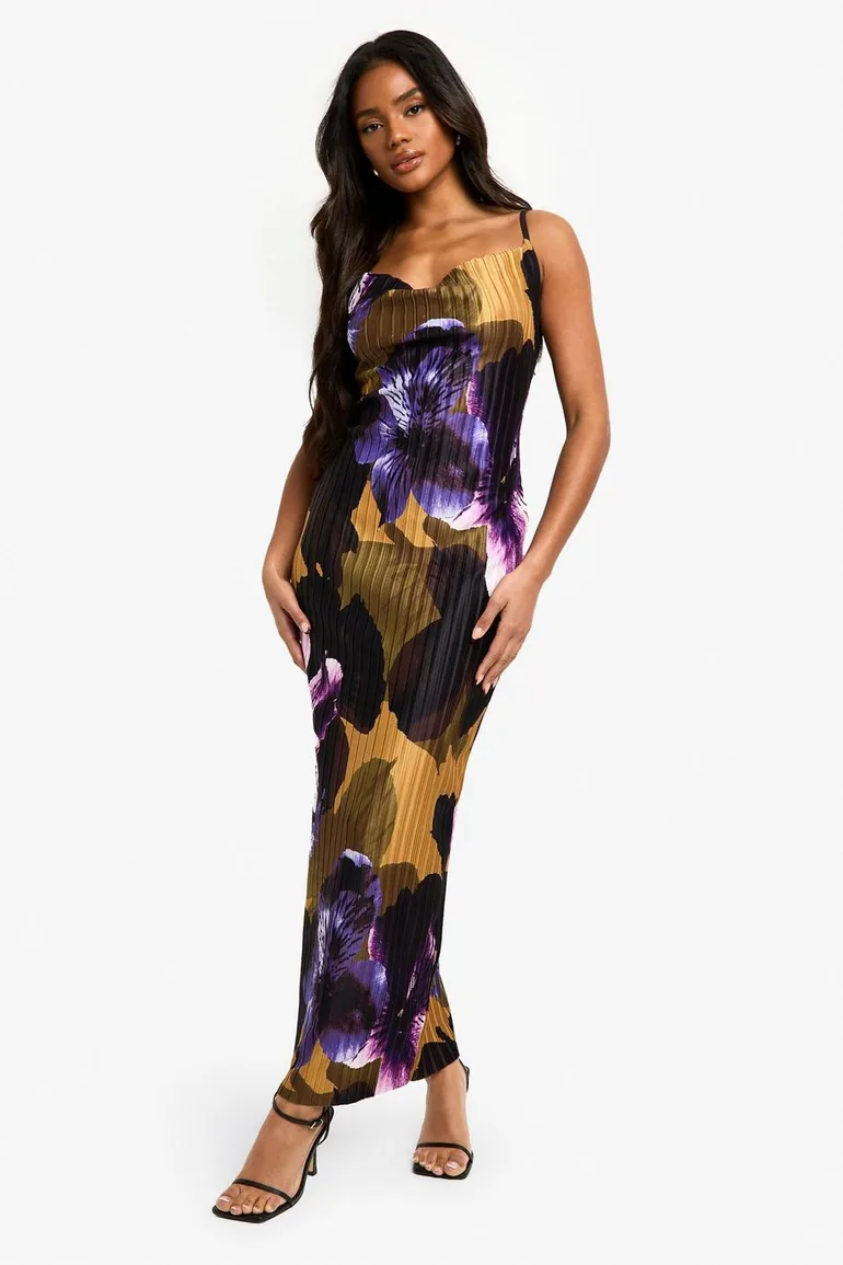 Floral Plisse Strappy Maxi Dress