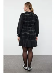 Black Shirt Collar Plaid-Plaid Mini Tweed Dress - 1