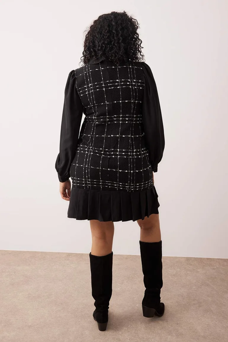 Black Shirt Collar Plaid-Plaid Mini Tweed Dress - 10