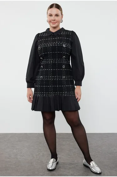 Black Shirt Collar Plaid-Plaid Mini Tweed Dress