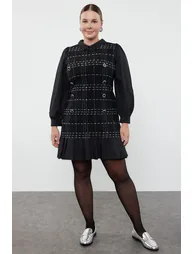 Black Shirt Collar Plaid-Plaid Mini Tweed Dress