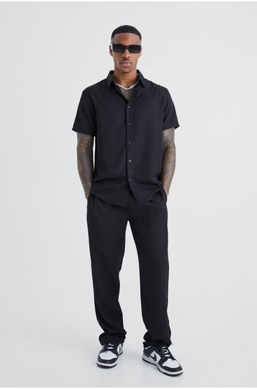 Short Sleeve Soft Twill Smart Shirt & Trouser - black