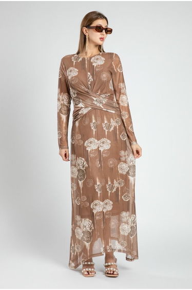 Printed Mesh Maxi Dress With Draped Waist