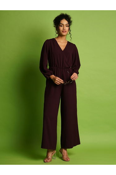 Solid V-Neck Balloon Sleeves Wide Leg Jumpsuit