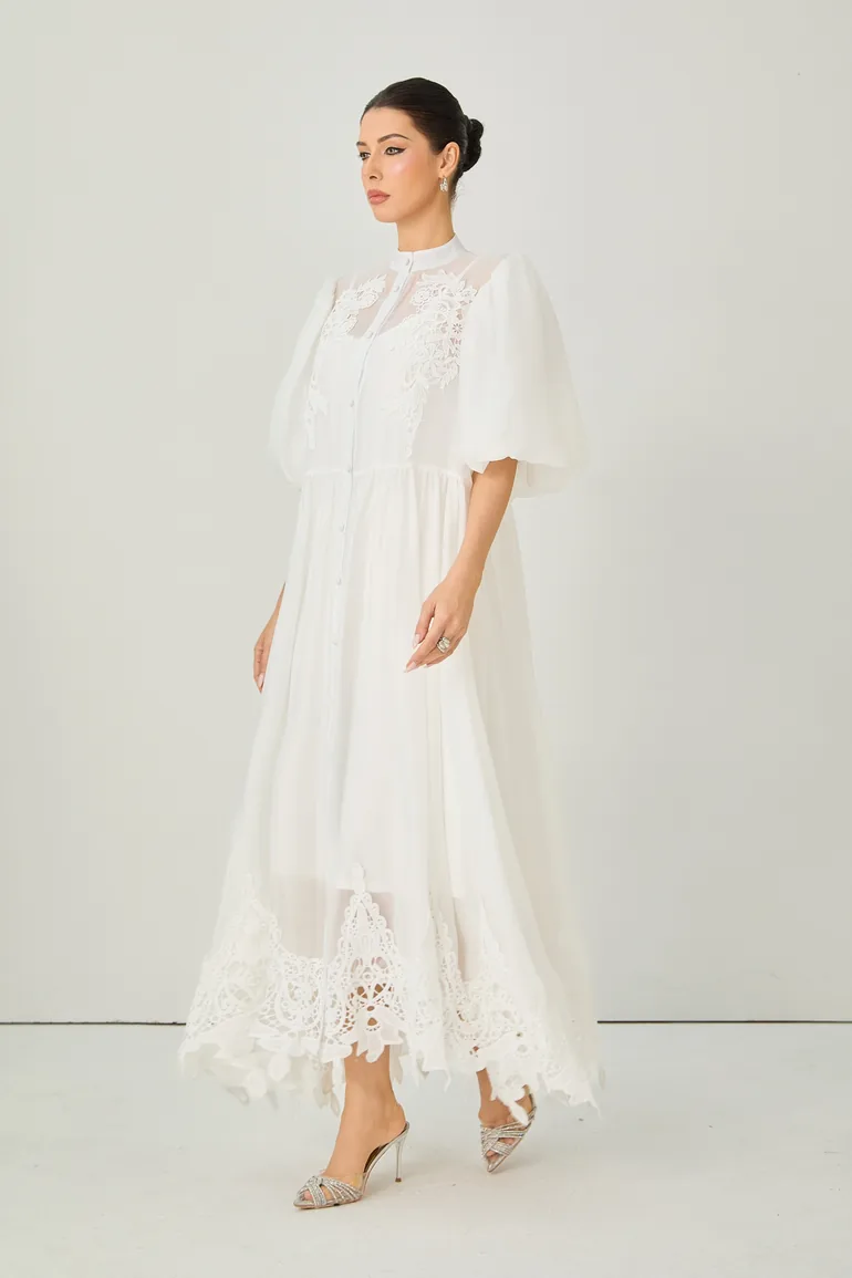 Close to Your Heart White Lace Embroidered Puff Sleeve Maxi Dress - 5