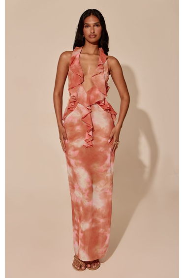 Orange Abstract Print Chiffon Plunge Frill Detail Maxi Dress