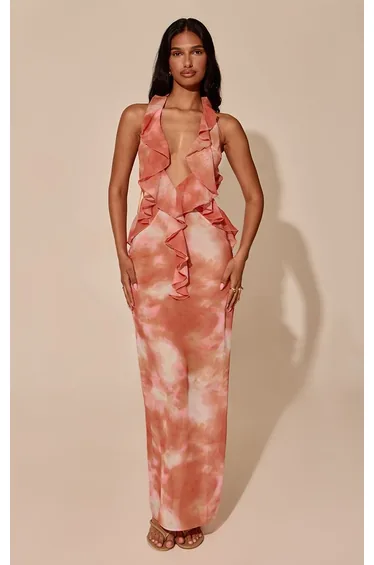 Orange Abstract Print Chiffon Plunge Frill Detail Maxi Dress