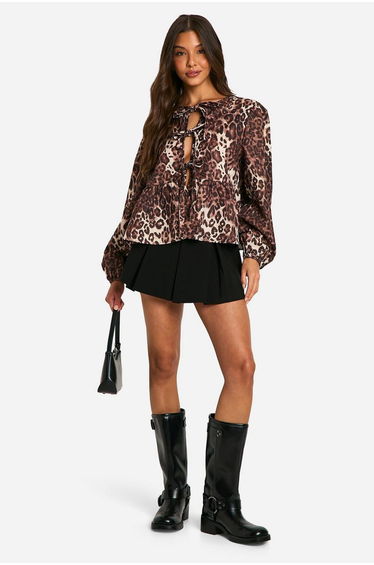 Dark Leopard Tie Front Puff Long Sleeve Smock Top