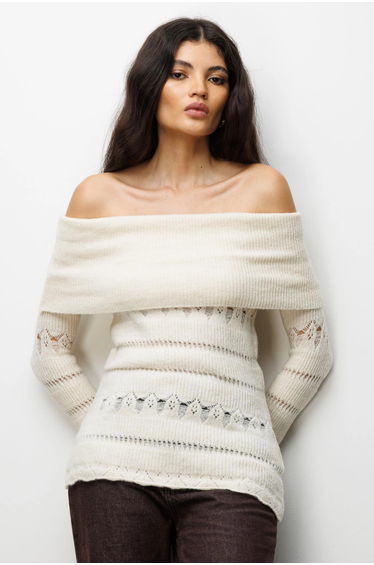 MIXRAY Off Shoulder Textured Ribbed Sweater with Cut Out Details