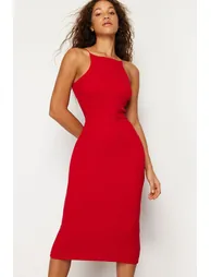 Red Fitted Halter Neck Ribbed Midaxi Flexible Knitted Midi Dress - 2