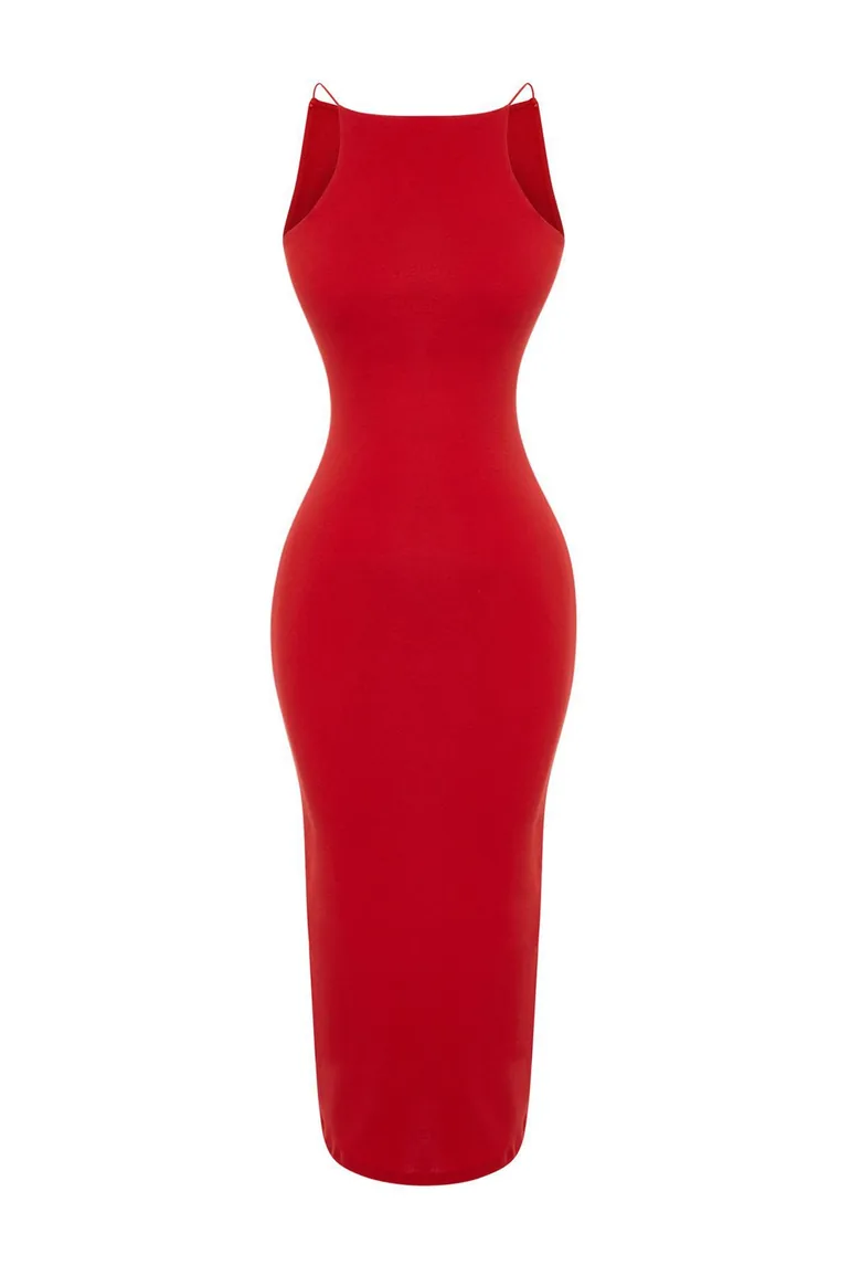 Red Fitted Halter Neck Ribbed Midaxi Flexible Knitted Midi Dress - 6