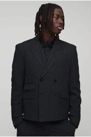 Oversized Boxy Pinstripe Suit Jacket - black