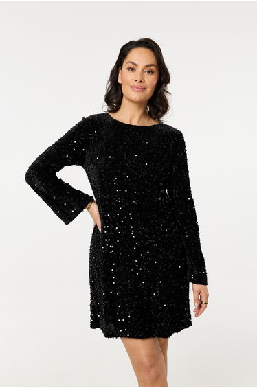 Black Sequin Long Sleeve Mini Dress