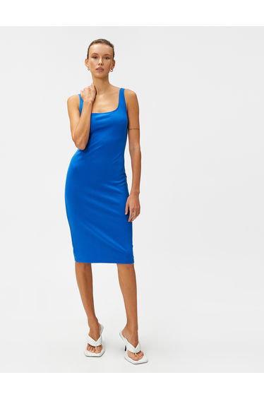 U Neck Strappy Slitted Midi Slip Dress