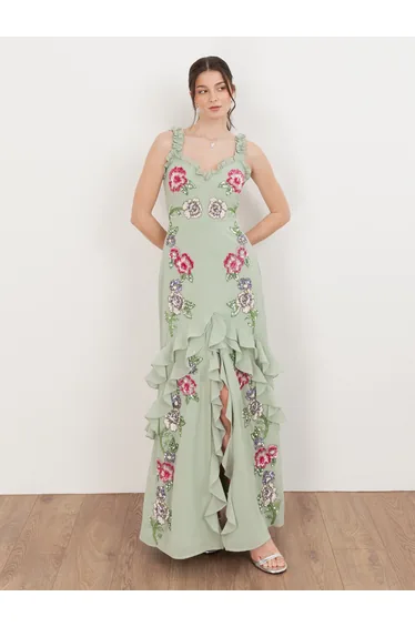 Maya Sage Green Floral Embellished Ruffle Cami Maxi Dress