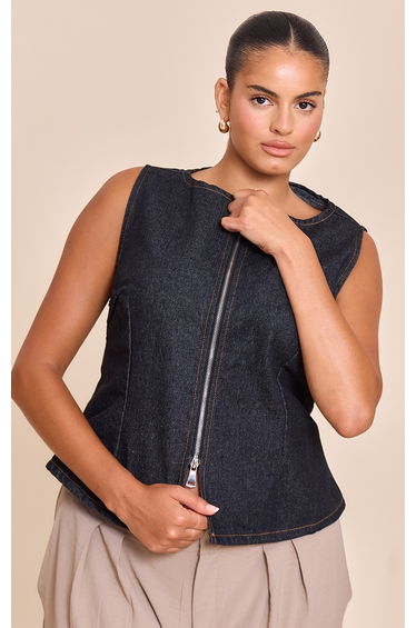 Plus Raw Indigo Wash Zip Detail Sleeveless Denim Top